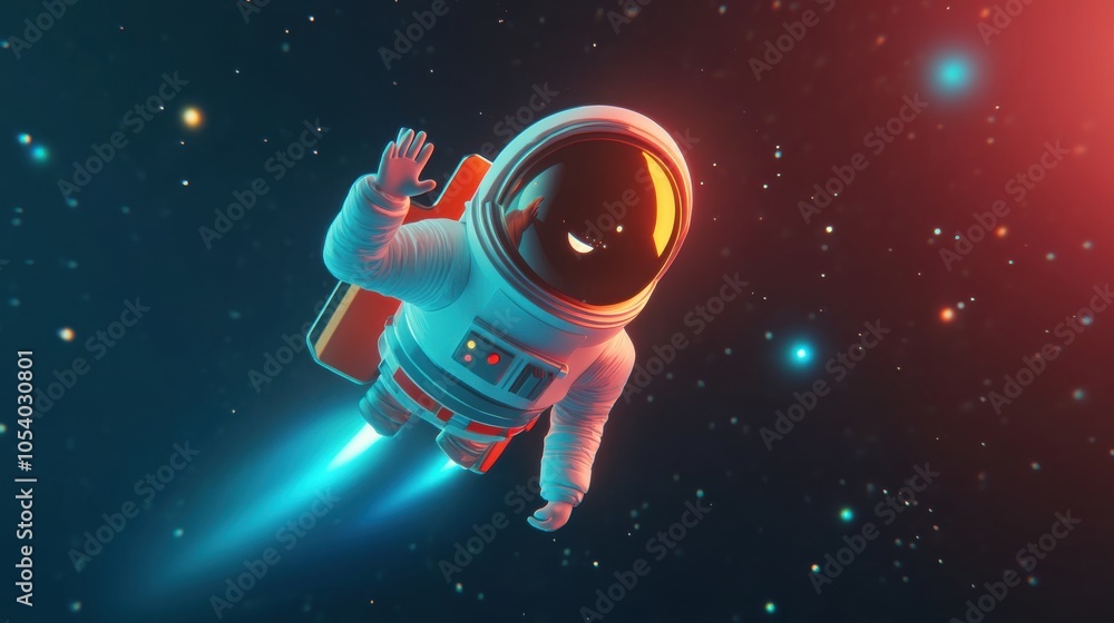 Poster cute small spaceship with smiling astronaut in space