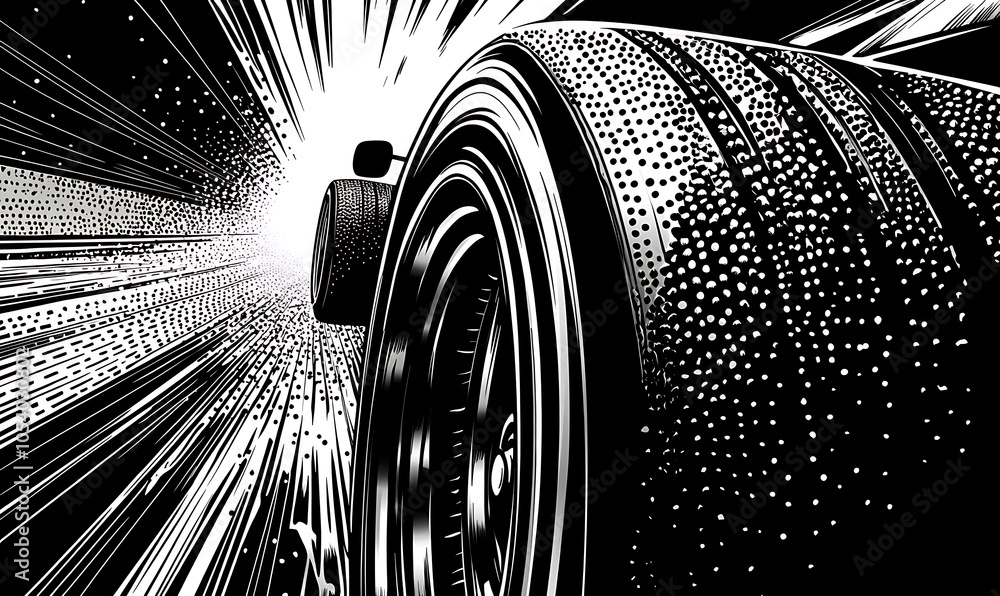 Poster closeup of a race car tire with a speed lines background.