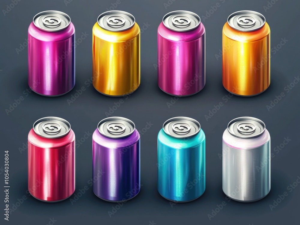 Poster set of colorful cans of soda. the cans are in a row and are of different colors