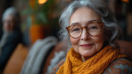 Diverse elderly group engaging in lively conversation at a cozy indoor gathering in fall