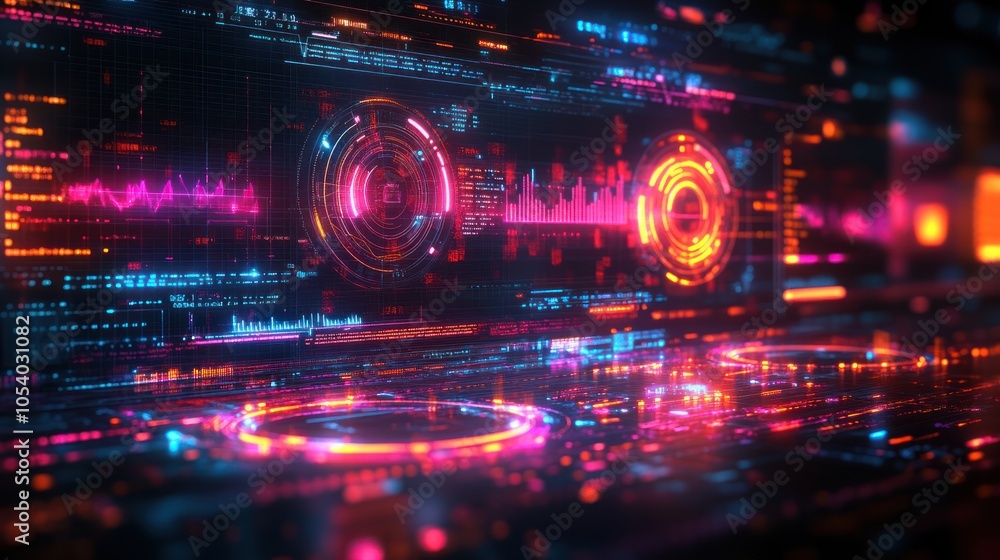 Poster futuristic digital interface with vibrant visual elements.