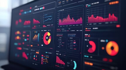 Digital business dashboard on computer screen, futuristic workspace, 3D illustration