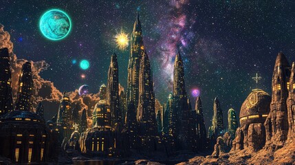 Obraz premium Serene Alien Cityscape with Towering Structures