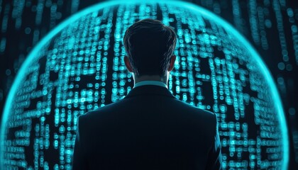 A CEO standing in front of a digital globe, data streams and analytics flowing around, mixed media, modern, dark background with glowing data.