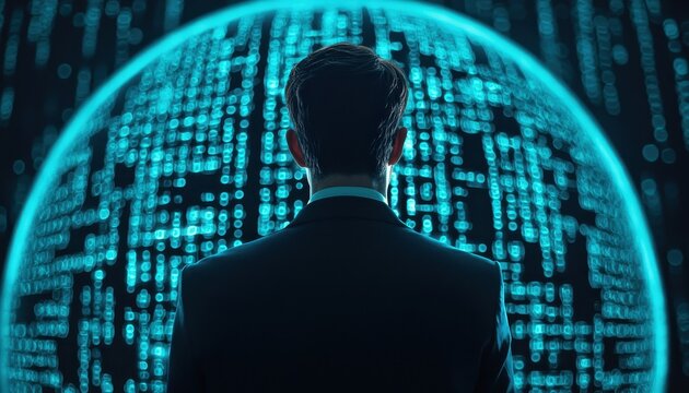 A CEO standing in front of a digital globe, data streams and analytics flowing around, mixed media, modern, dark background with glowing data.