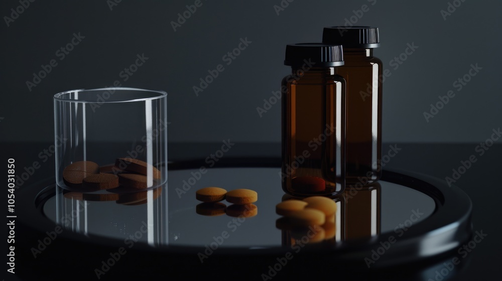 Poster table with a glass bowl and two brown bottles of pills. the pills are scattered around the bowl and 