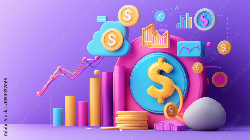 Poster 3d charts and financial data displayed creatively with colorful elements, representing business plan