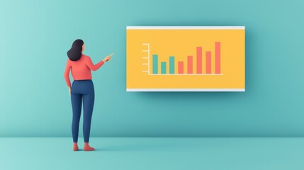 Businesswoman giving presentation, pointing at data on a screen, 3D illustration