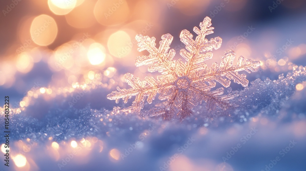 Poster a delicate snowflake resting on shimmering snow.
