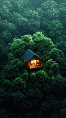 Cozy cabin nestled in lush green mountain valley, surrounded by dense trees, offering serene and secluded retreat. Perfect for nature lovers seeking tranquility