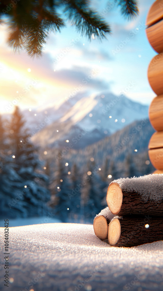 Poster cozy cabin window view reveals snow covered mountains and serene winter landscape, creating peaceful