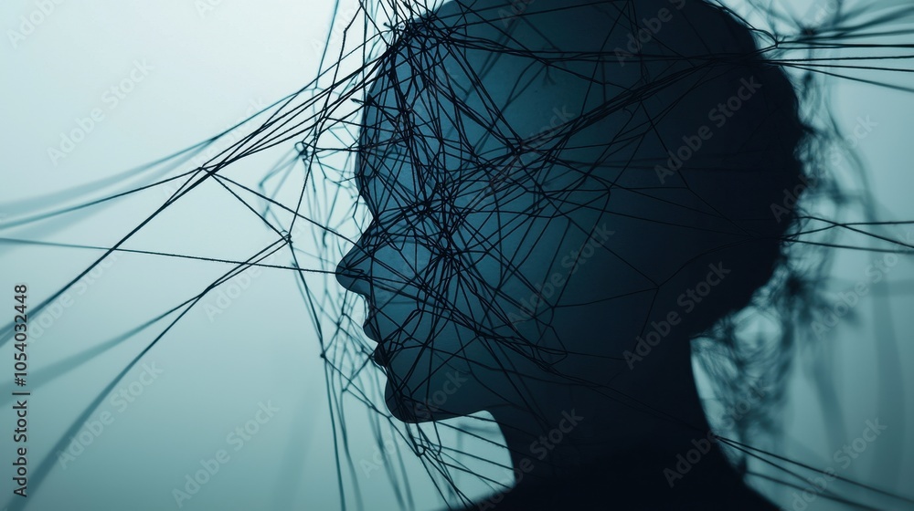 Poster a silhouette of a person intertwined with delicate threads, creating a haunting yet beautiful visual