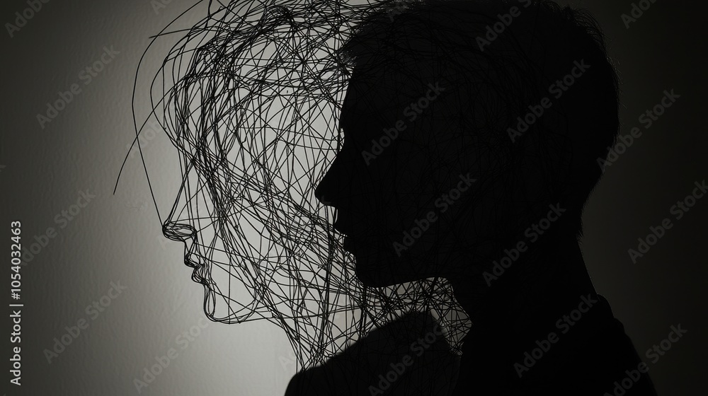 Poster a striking silhouette of a person merging with abstract lines, suggesting themes of identity and con