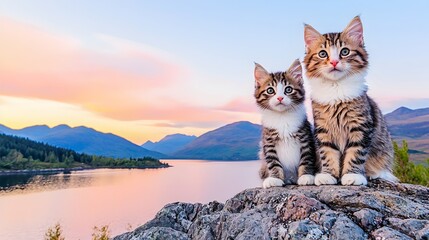 Fototapeta premium Curious Kittens Perched on Scenic Cliff Overlooking Majestic Mountain Lake at Sunrise