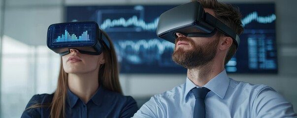 Business professionals using augmented reality glasses to project financial data and strategy charts in mid-air, modern office, sharp focus.
