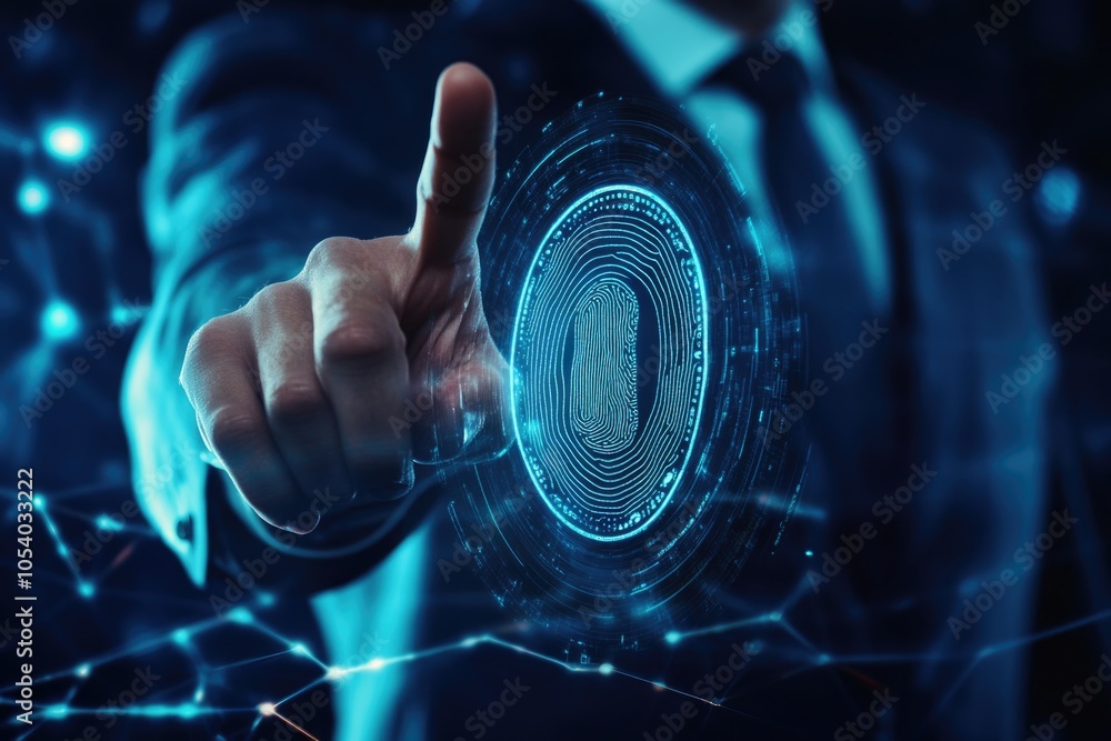 Poster man is pointing at a blue circle with a finger. the circle is a fingerprint. concept of security and