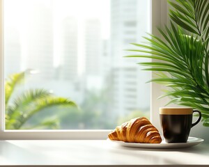 Obraz premium Minimalist cafe scene with espresso, croissant, and greenery, natural light, cafe morning, simple and stylish cafe