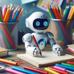 Mini ai robot writing in a notebook, surrounded by books and pencils 