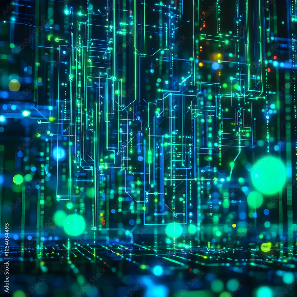 Poster abstract digital background with glowing lines and bokeh lights.