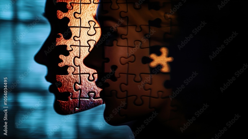Poster the image features two profiles silhouetted against a backdrop, overlaid with puzzle pieces, symboli
