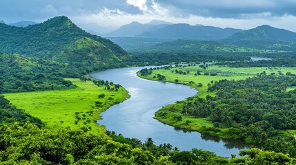 Fototapeta premium Serene Panoramic View of Winding River Landscape