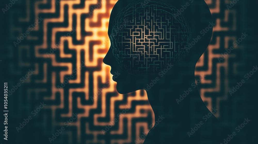 Poster a silhouette of a head with a maze pattern in the brain, set against a bright, textured background, 