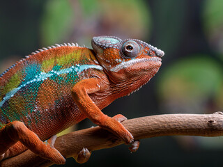 Obraz premium red, green and turquoise chameleon on a branch