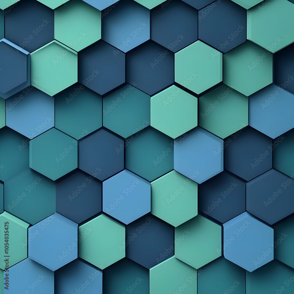 Poster abstract geometric background of blue and green hexagons in a repeating pattern.