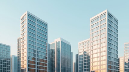 Obraz premium High-rise corporate building, glass exterior, city skyline, 3D illustration