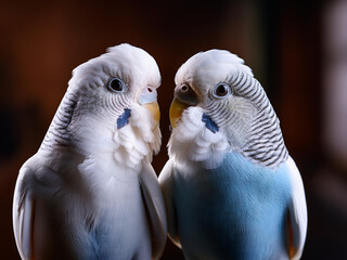 2 white budgerigars snuggle, cuddle and love eat other