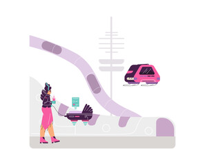 Woman controls a smart flying stroller that reads vital signs.