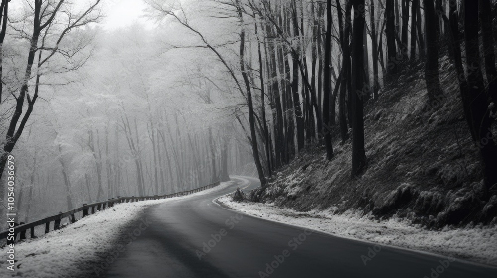 Poster road with trees in the background and snow on the ground. the road is empty and the trees are bare