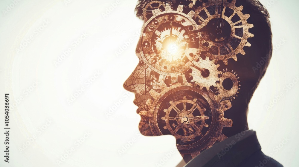 Poster a silhouette of a man's head filled with intricate gears and cogs, symbolizing the concept of inner 