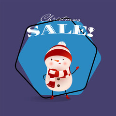 Christmas Sale banner design with winking snowman. Inscription in retro style with cute snowman on abstract background. Can be used for discounts, shops, sales