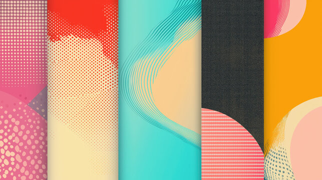 A series of colorful abstract patterns with a blue and yellow background