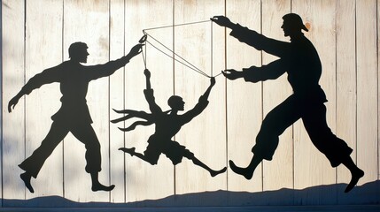 A playful silhouette of two adults guiding a child on a swing, emphasizing joy and the bond between generations.