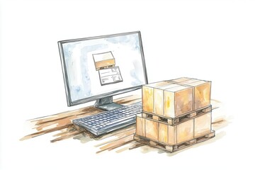 Fototapeta premium A computer showing warehouse management software, digital logistics, wood pencil drawing, isolated on white background