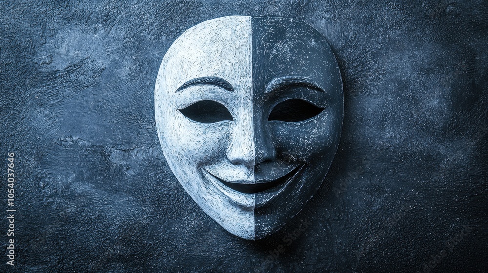 Poster a split mask displaying contrasting expressions, set against a dark background, symbolizing duality 