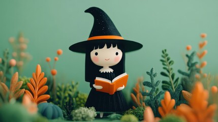 Cute Cartoon Witch with Mini Cauldron and Spellbook