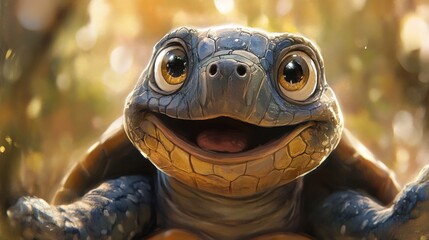 Naklejka premium A cartoon turtle is smiling and looking at the camera. The image has a light and cheerful mood, with the turtle's big eyes and smile conveying a sense of happiness and playfulness