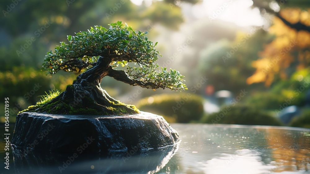 Poster A bonsai tree on a rock in a pond with sunlight shining through the leaves.