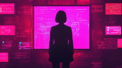 Businesswoman in virtual meeting, digital interface, 3D illustration