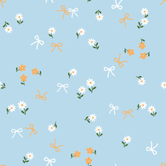 Seamless pattern with cute floral and ribbon bow on blue background vector.