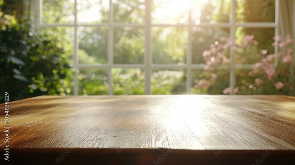 Poster wooden table with a view of a garden outside. the table is empty and the view is of a sunny day with