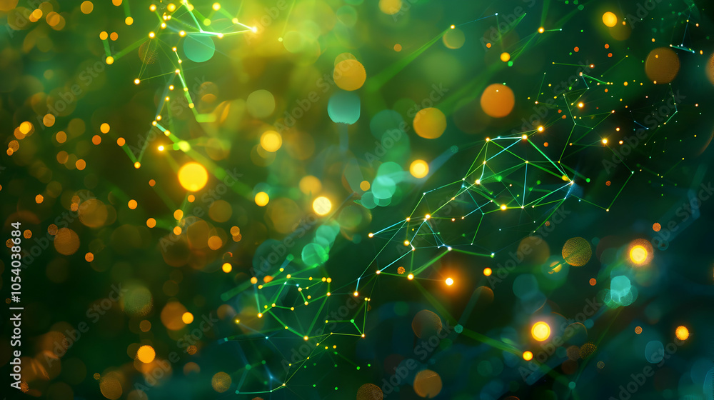 Poster Abstract green and yellow background with bokeh and connecting lines.