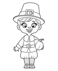 Cute cartoon pilgrim boy hold a pumpkin outlined coloring page on a white background