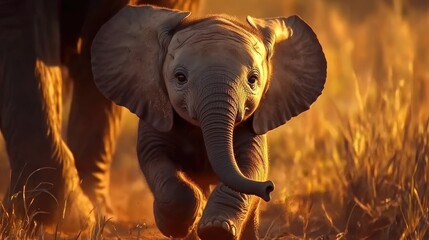 Close-up of a baby elephant's first steps, walking beside its mother, capturing tenderness and learning in the wild