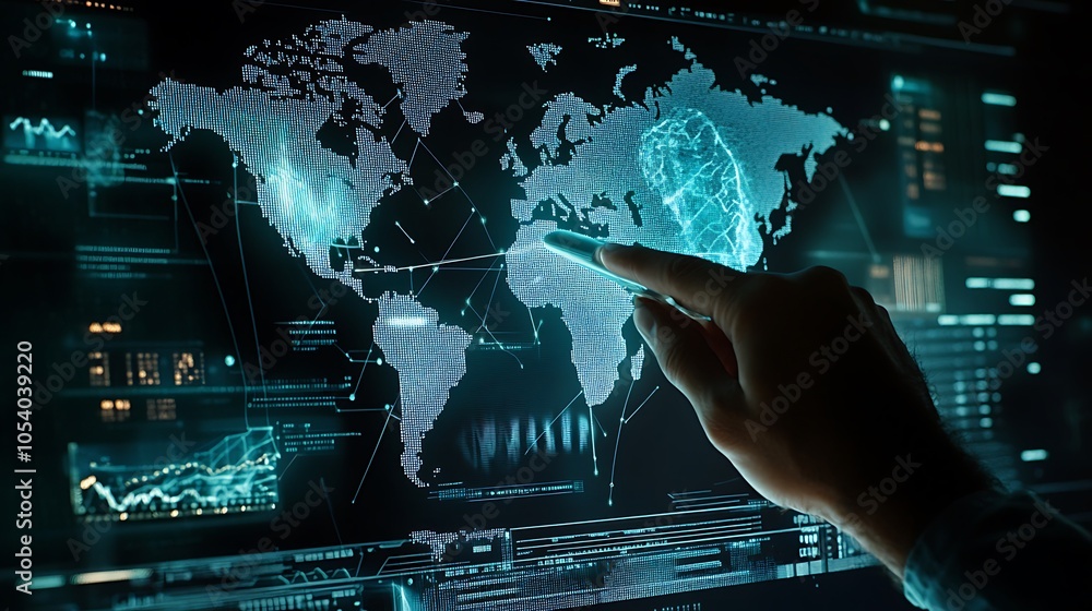 Poster Hand pointing at a glowing world map on a computer screen.