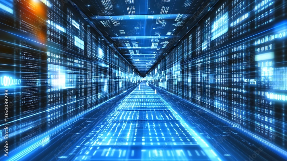 Poster a futuristic digital corridor filled with glowing data and binary code.