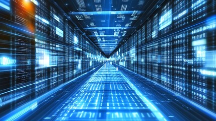 Fototapeta premium A futuristic digital corridor filled with glowing data and binary code.